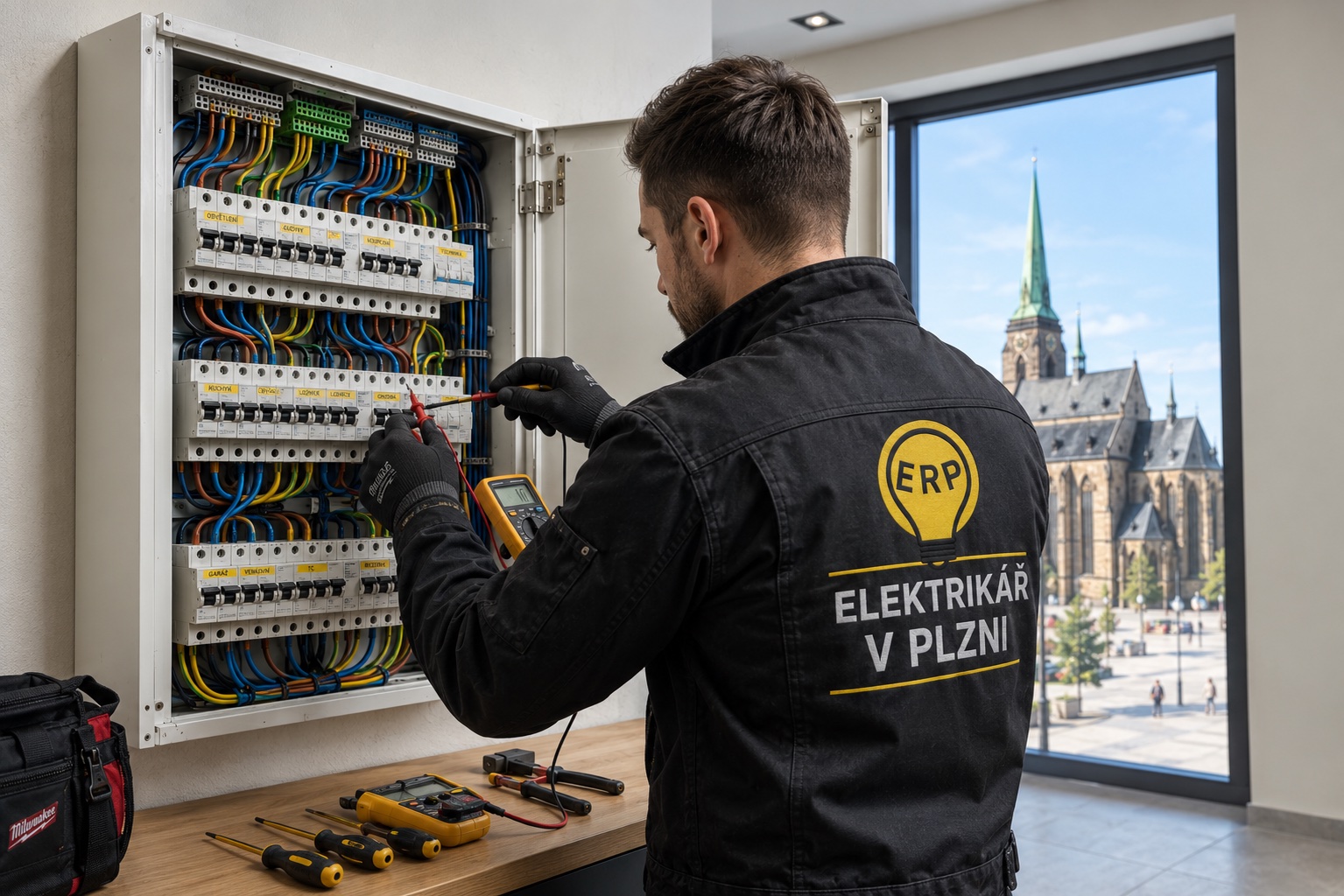 Elektrikář Ruslan Pavlik při práci na rozvaděči v Plzni
